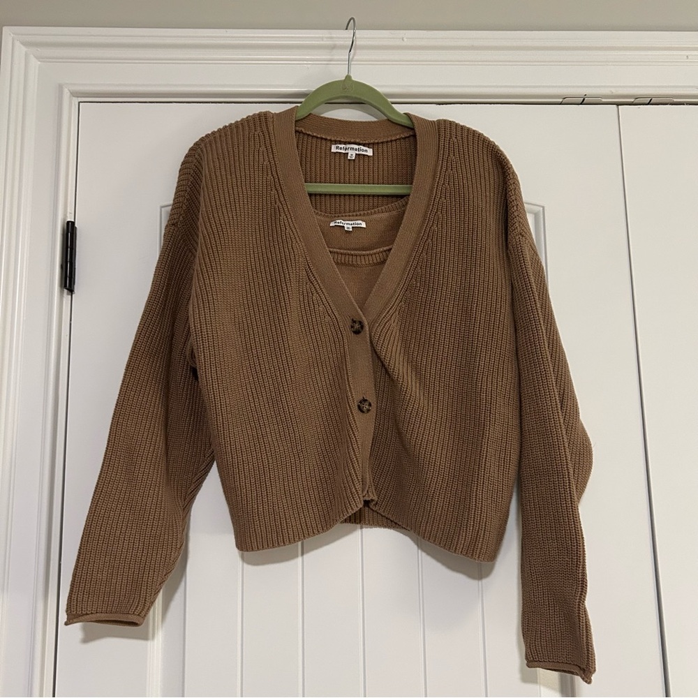 Reformation Set The Elke Organic Cotton Cardigan Tan Medium - Picture 4 of 9